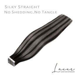 Lacer Extensiones De Cabello Humano Liso Con Cinta Gris, Con Reflejos Negros A Plateados Y Raíces Negras Naturales, 20 Pulgadas, 20 Unidades/50 G