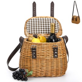 Peohud Wicker Picnic Basket, Empty Gift Basket with Linen, Willow Picnic Hamper with Lid and Shoulder Strap for Camping, Gardening, Foraging, Easter Egg Gathering