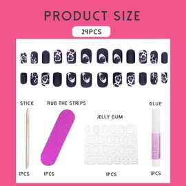 Pack of 24 Press on Nails, Glitter French Artificial Nails, Milky French Press on Nails, Nails with Leopard Simulation, Acrylic Full Cover Nails for Sticking with Glue (A05)