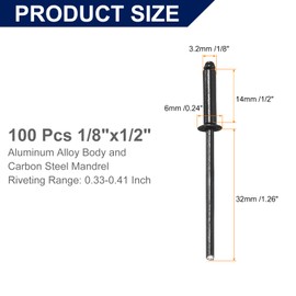 sourcing map 100Pcs 1/8"x1/2" Aluminum Blind Rivets, Aluminum Grip and Steel Mandrel, Countersunk Head Long Split Rivets for Metal, Furniture, Automotive, Black
