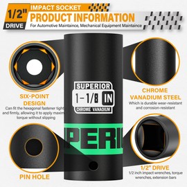 Aiourx 1/2" Drive Impact Socket, 1-1/8 inch Deep Socket, SAE, 6 Point, CR-V, for Car Repair, Loosen the Fastening Nut