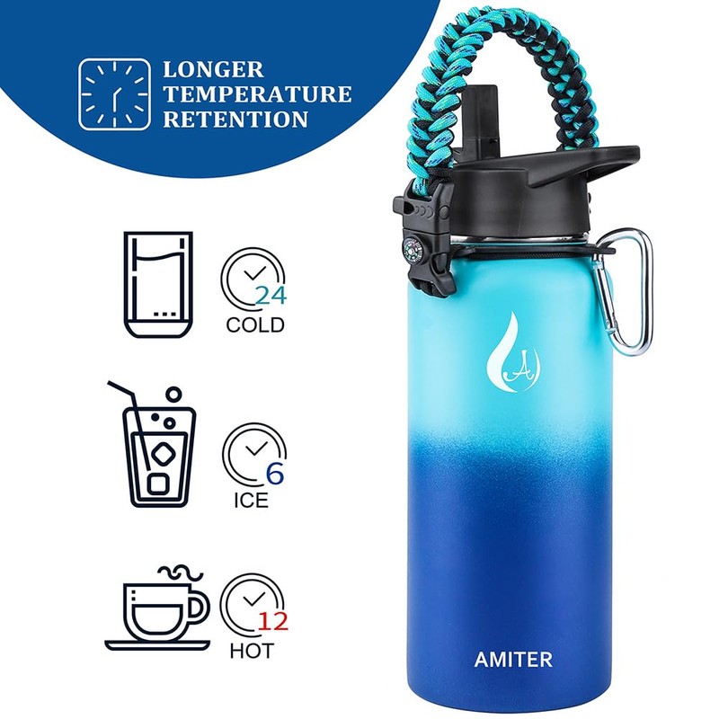 AMITER Insulated Bottle with Straw & Spout Lid, Wide Mouth