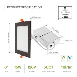 ASD 6 Inch Ultra Thin Square LED Recessed Lighting Oil Rubbed Bronze, 5 CCT 2700K-5000K 15W 60W Eqv 1197Lm, Dimmable Canless Ceiling Square Downlight with J-Box - UL Energy Star 6 Pack