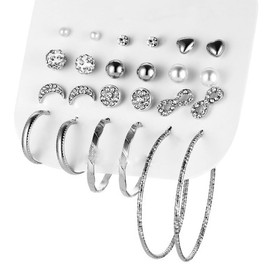 Cubahop Multiple Crystal Pearl Studs Hoop Earrings Set Ear Circle Love Crescent Earrings Pack Piercings for Women Girls (Silver)