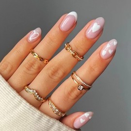 Valentines Press on Nails Short Almond French Tip Fake Nails Light Pink Full Cover White Heart False Nails with Designs Glossy Glue on Nails Cute Acrylic Manicure Artificial Nails for Women Girls