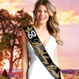 60th Birthday Sash - Gold Sparkle & Real Crystal Rhinestone 60 Birthday Queen Black PREMIUM GRADE SATIN Sash - Birthday Party Supplies for Women (BdyQn60) BLK