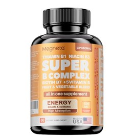 MEGNETA Vitamin B Complex for Men & Women - Fruit & Vegetable Blend B-Complex: B1, B2, B3, B5, B6, B7, B12 with Vitamin E, Folate - Energy, Brain & Heart Support Supplement, 60 Capsules