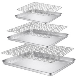 P&P CHEF 16 + 12.5 + 9 Inch Baking Sheet and Rack Set, Stainless Steel Cookie Sheets Oven Baking Pans Trays with Cooling Racks for Cooking & Roasting, Oven & Dishwasher Safe, (6Pcs)