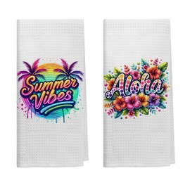 Kemingni Summer Vibes Kitchen Towels Set of 2, Aloha Hawaiian Summer Tropical Dish Towels for Kitchen, Summer Beach Hand Towels for Bathroom, Summer Kitchen Bathroom Decor, 16x24 Inches