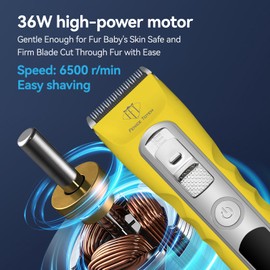 Fenice Totem Professional Dog Grooming Clippers, Cordless, 36W Motor, 4000mAh Battery, 4-in-1 Blade, with 5 Guide Combs (Yellow)