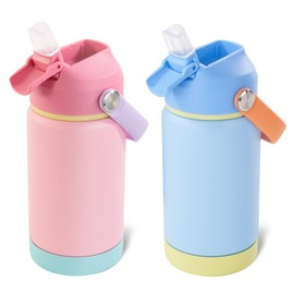Kerilyn 12oz Kids Water Bottle 2 Pack, Stainless Steel Insulated Water Bottle Bulk, Toddler Cups with Straws Leak-Proof, Kids Water Bottles for School Boys Girls, BPA Free, Sky+Charm Pink 2 Piece Set