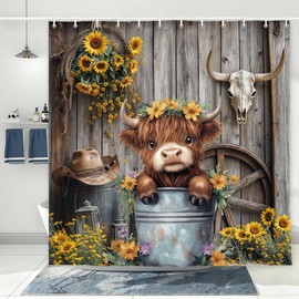 Western Highland Cow Shower Curtain, Farmhouse Cute Cowboy Barn Door Sunflower Bathroom Decor Set, Funny Rustic Cattle in Bucket Fabric Waterproof Bathroom Curtain with Hooks 70X70IN