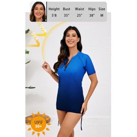 Halcurt Women's Half Zip Short Sleeve Rash Guard Swim Top with Bra Drawstring Adjustable UPF50+ Swimsuit Ombre Blue XL