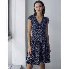 Zeagoo Women's A-line dress, V-neck, floral dress, elegant summer dresses, short sleeve casual dress, jersey dress, knee-length swing stretchy dresses, Blue flower