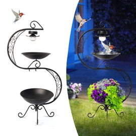 HONGLAND Bird Baths for Outside with Solar Lights, 36" Black Metal Birdbaths for Outdoors, Antique Bird Feeders with Flower Planter Pedestal for Garden, Yard, Patio Decor