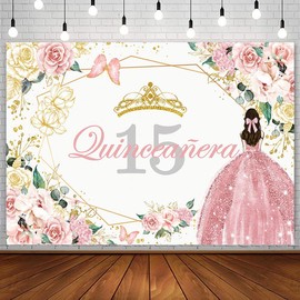 Sendy 7x5ft Quinceanera 15th Birthday Backdrop for Sweet Girl Mis Quince Anos 15th Birthday Party Decorations Pink Rose Gold Glitter Floral Crown Butterfly Banner Photography Background Photo Props