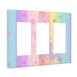 Cute Purple Pink Rainbow Unicorn 3 Gang Rocker Outlet Covers Triple Rocker Light Switch Cover Switchplates Wall Plate Decorative Electrical Faceplate for Nursery Girls Boys Room Kids Room Decor