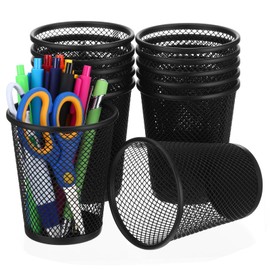12 Pack Metal Mesh Pen Holder, Black Round Pencil Cup Organizer for Desk, Office, Classroom, 2.6"x3.5"x4.2" Size