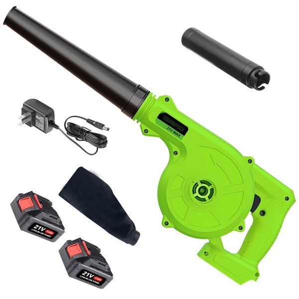 Leaf Blower Cordless with Battery and Charger, 21V 2 X 2.0Ah Battery Powered Electric Leaf Blower, 2-in-1 Portable Mini Leaf Blower &Vacuum for Lawn Care, Dust/Snow Blowing (Green)