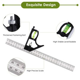 Combination Angle Ruler, Right Angle Ruler, Carpenter Square, Combination Square, 300 mm, Multifunctional, Adjustable, Ruler Combination, Try Square Metal