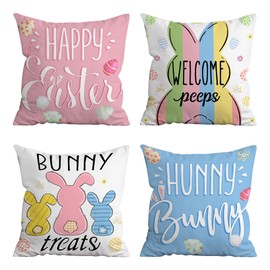 Hexagram Easter Pillow Covers 16x16, Yellow Pink Peeps Easter Decorations for Home,Decorative Easter Bunny Blue Pillow Covers Set of 4 for Couch Sofa Living Room, Farmhouse Spring Easter Decor Pillows