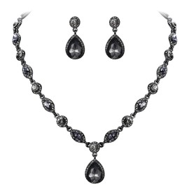 EleQueen Women Bridal Crystal Teardrop Y Necklace Dangle Earrings Sets for Bridal Wedding Ruby Color