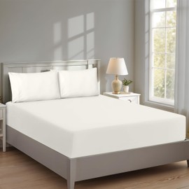 RUVANTI 100% Cotton King Fitted Sheet Only - Crispy Cooling Percale - Breathable & Durable Fitted Sheet King Size - Deep Pocket 16 Inches (Fits up to 18") - Ivory - 1 Piece