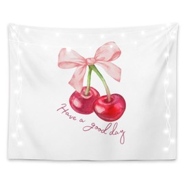 LiTiu Pink Trendy Coquette Room Wall Decor, Pink Bow Cherry Preppy Room Decor Tapestry Wall Hanging for Girls Bedroom Dorm, 50x60 in(Unframed)