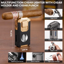 Cigar Humidor, Leather Cedar Wood Cigar Case with Multi-Functional Cigar Lighter（Random Colour), Cigar Cutter,Hygrometer,Humidifier, Travel humidor Cigar Box, Cigar Gift for Man,Purchasing Fun Mode.