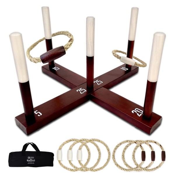 SWOOC Rustic Ring Toss Outdoor Game (All Weather) - 15+ Games Included - Vintage Wood & Rope Ring Toss Yard Game with Wide Grip Handles and Carrying Case - for Kids & Family