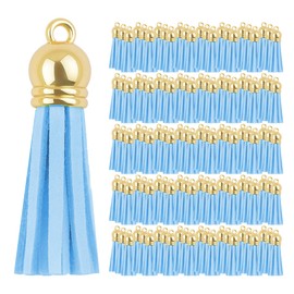 Mandala Crafts 100 Pcs Gold Cap Light Blue Faux Suede Tassels Bulk Keychain Making Supplies - Small Leather Tassels for Charms, Jewelry Making, and DIY Crafts