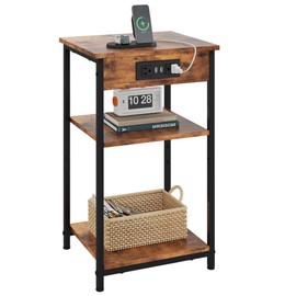 WLIVE End Table with Charging Station, Small Night Stand with 3 Storage Shelves, Side Tables for Small Spaces, Bedside Tables for Living Room, Bedroom, Rustic Brown