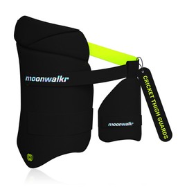moonwalkr Cricket Thigh Guards 2.0 Lightweight Cricket Guard & Equipment Unisex Thigh Pads for Batter's Height (5'9"-6'2") Safeguarding Both Your Outer and Inner Thighs Black (Large, Left Hand).