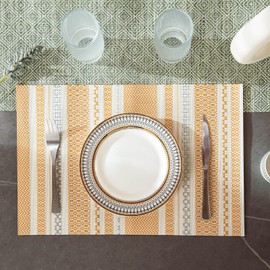 Punkspace - Juego de 6 manteles individuales de vinilo tejidos para mesa de comedor, resistentes al calor, lavable, fácil de limpiar, naranja-blanco