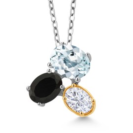 925 Silver and 10K Yellow Gold Sky Blue Aquamarine Black Onyx and White Moissanite Pendant Necklace For Women (2.40 Cttw, Oval 8X6MM, 7X5MM and 6X4MM, Gemstone March Birthstone, with 18 Inch Chain)