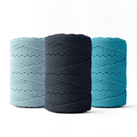 Ledent Macrame Yarn (2 mm, 3 x 70 m, Set of 3 Colours: Dark Blue, Light Blue & Turquoise) Double Twisted - Rope for Macrame Made from 100% Recycled Cotton Yarn - Macrame Yarn for Crafts