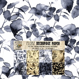 Decoupage Paper Pack (24 Sheets 6"x6") Monochrome Leaves Pattern FLONZ Vintage Styled Seamless Pattern Paper for Decoupage, Craft and Scrapbooking Dark Winter Forest