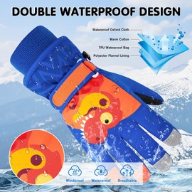 Century Star Kids Waterproof Gloves Snow Gloves Warm Winter Gloves for Kids Boys Girls Ski Gloves Sport Mittens, Z Royal Blue Dinosaur, Small(fits 3-6 years)