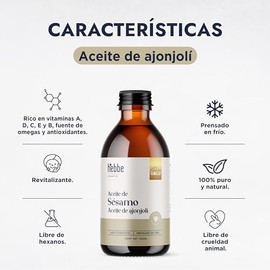 HEBBE - Aceite de Ajonjolí 250 ml | Desinflama el Cutis | Aporta Firmeza y Elasticidad | Mantiene la Piel Hidratada | Ayuda en el Desmanchado de la Pi
