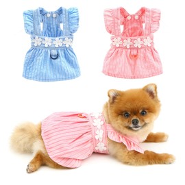 PAIDEFUL Small Dog Dress Elegant Girl Dogs Sundress Striped Puppy Skirt with Flower Embroidery Summer Strap Princess Dresses Cool Pet Clothes Cute Cat Chihuahua Costume Button D-ring,Pink,S