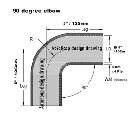 AotoKoop Universal 4-Ply High Performance 90 Degree Elbow Coupler Silicone Hose ID 4" (102mm), Leg length 5" (125mm) with T-Bolt Clamps 2pc-Black