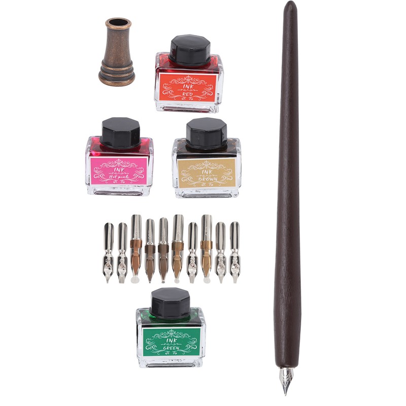 Dip Pen 4-Color Wood Pole Fountain Pen with Replaceable Nib