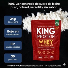 KING PROTEIN Proteína concentrada de suero sin sabor 24 g de proteína con BCAA Para antes y después del entrenamiento Baja en carbohidratos, sin conservadores, soya ni gluten 900g, 30 raciones