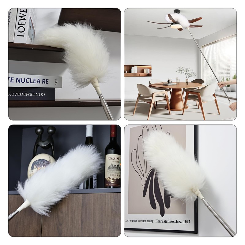 FeelfunFeather Extendable Lambswool Duster 29-110 Inch,Anti-Static Flexible Head, Stainless Steel