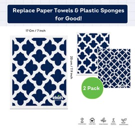 EKOH Swedish Cleaning Cloths 2 Pack | Swedish Dishcloths for Washing Dishes | Eco Sponge Cloth for Cleaning Kitchen | Zero Waste Dish Cloth | No Plastic Reusable Kitchen Towels (Geometic Navy)