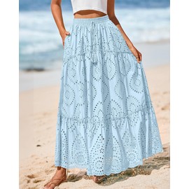 BTFBM Women's Boho Casual Skirts Summer 2025 Lace Embroidery Eyelet Elastic Waist Flowy Tiered A-Line Beach Maxi Skirt(Light Blue, Large)