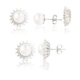 Freshwater Pearl Earrings for Women with Removable Crown Jacket | Pearl Stud Earrings for Women with Cubic Zirconia | Real Pearl Earrings for Women | Sterling Silver Pearl Earrings Studs MAX + STONE