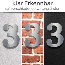 N-02-3-E Stainless Steel House Number 3 - Solid, Weatherproof and Rustproof - 14 cm Large - with Mounting Material - Brushed Design House Number Sign