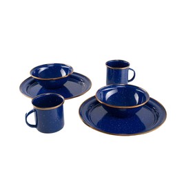 GSI Outdoors Mesa 2-Person Enamelware Dining Set 6-Pieces – Lapis with Bronze-Finished Stainless Steel Rim, Dishwasher Safe, Lapis