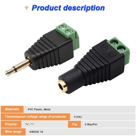 DKARDU 3.5mm Screw Terminal Gold Plated, 1/8" TS Mono Male to 2 Pin Screw Terminal with 1/8" TS Mono Female to 2 Pin Screw Terminal, Balun Solderless Converter with Screwdriver